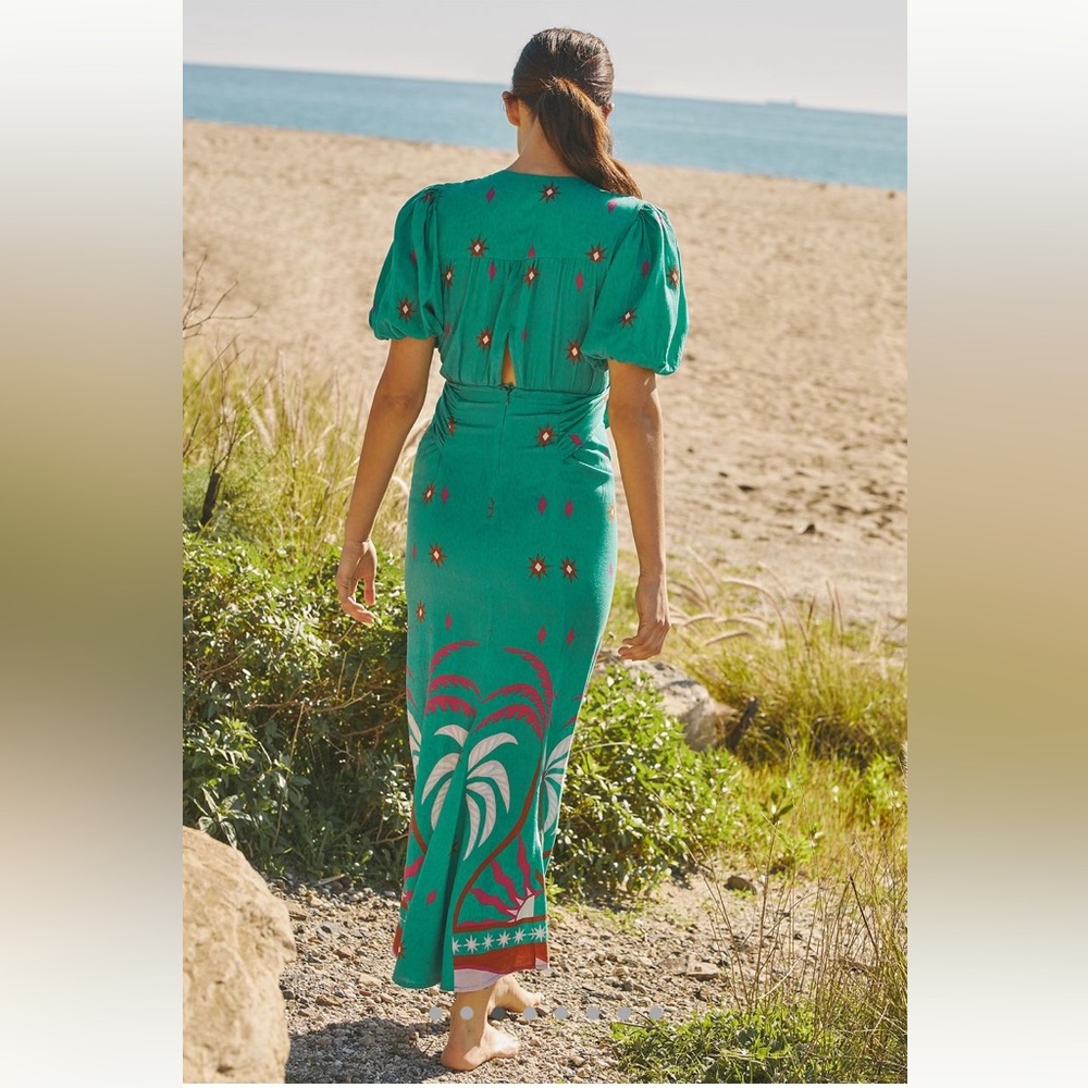 Anthropologie Green Midi Dress with Pink & White Motif - Picture 3 of 14